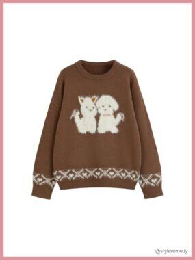 Oversized Cat Sweater Cute Knit Pullover Long Sleeve Crewneck